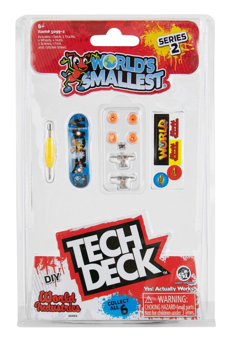 Orange-wheeled DIY Tech Deck fingerboard with trucks, screws, nuts, tool, and sticker sheet included.