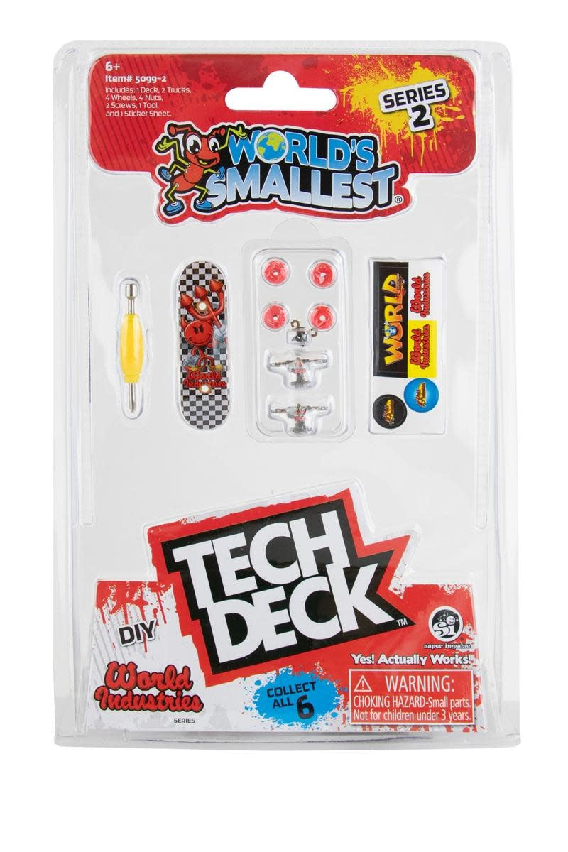Red-wheeled DIY Tech Deck fingerboard with trucks, screws, tool, and sticker sheet included.