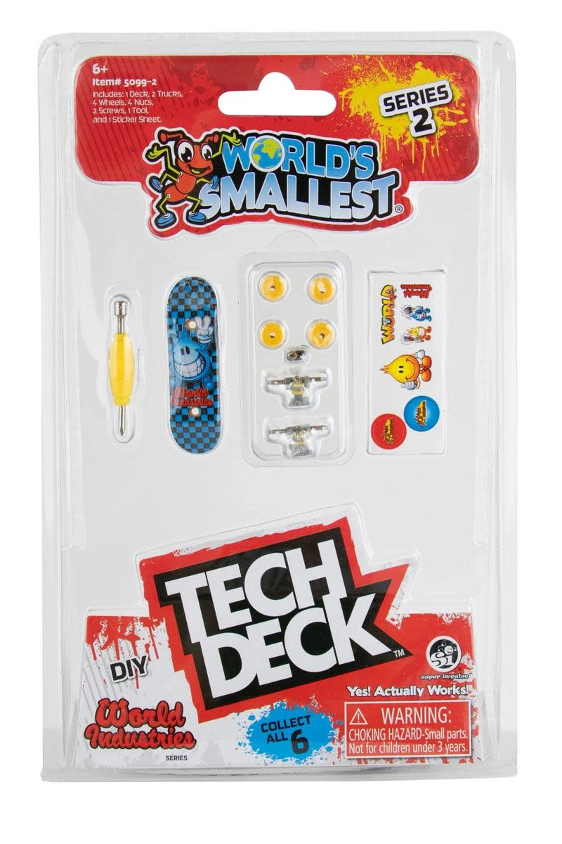 Yellow wheeled DIY Tech Deck fingerboard with trucks, screws, nuts, tool, and sticker sheet included.