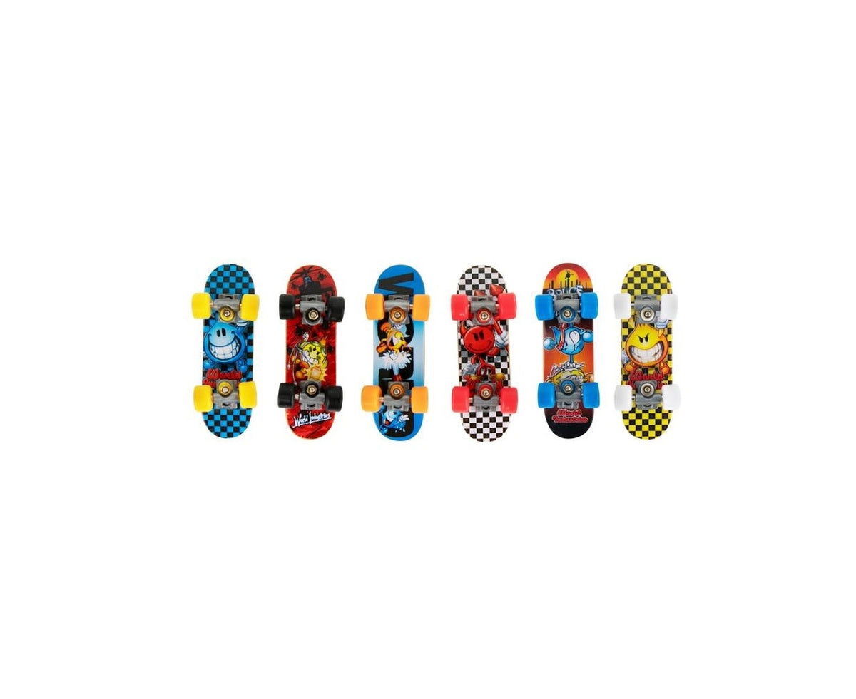 Miniature Tech Deck fingerboard with black grip tape deck, silver trucks, white wheels, and included tool.