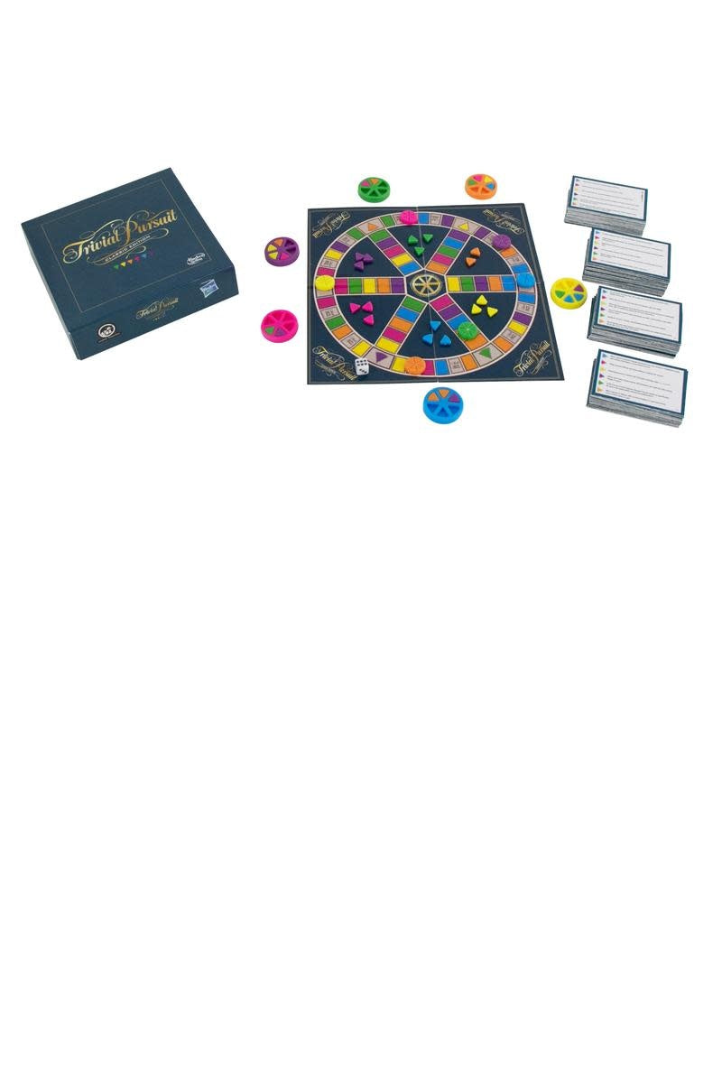 Compact Trivial Pursuit game with wedge-shaped categories in blue packaging.