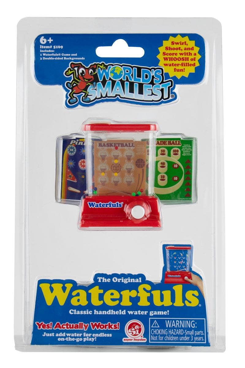 World's Smallest Waterfuls game with double-sided arcade cards in a compact base.
