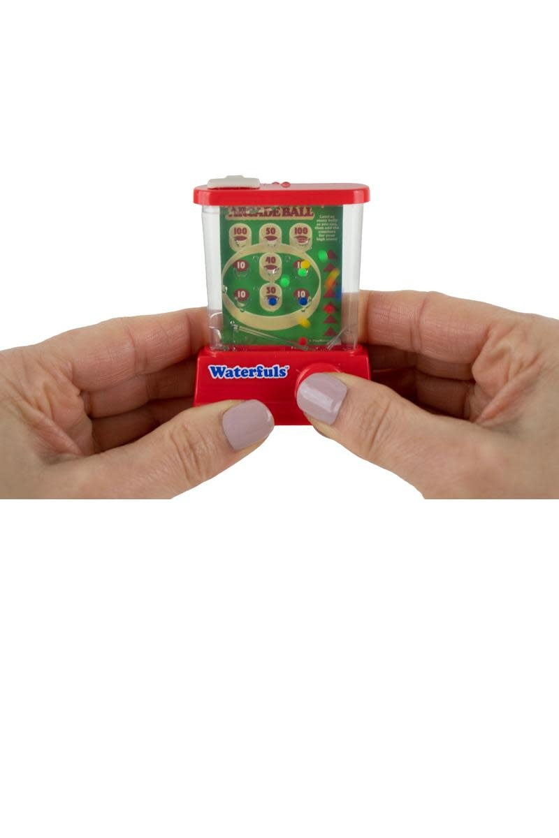 World's Smallest Waterfuls game with six changeable arcade cards in a compact base.