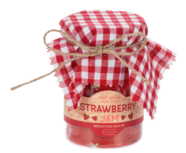 Strawberry jam-patterned socks displayed inside a clear canister with dimensions 2½ inches wide by deep and 4 inches high.