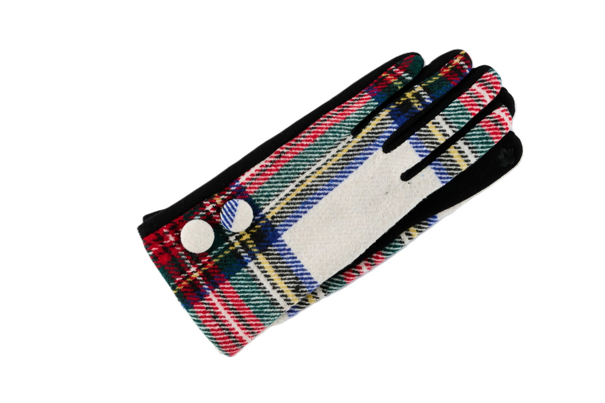 Plaid fleece-lined gloves with a classic tartan pattern and two decorative buttons on the wrist.