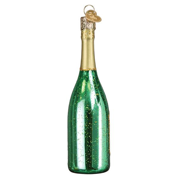 Green glass champagne bottle ornament with gold glitter accents and a gold heart-shaped tag.