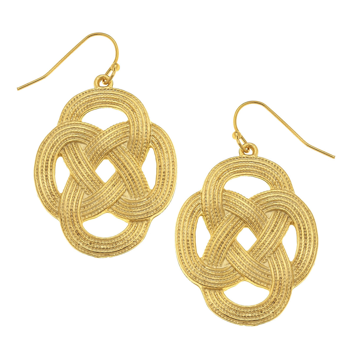 Triple-plated gold woven loop earrings with a nautical-inspired twisted rope silhouette.