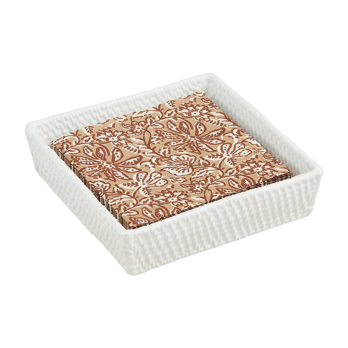 Woven stoneware napkin caddy with basket texture detail in neutral tones.