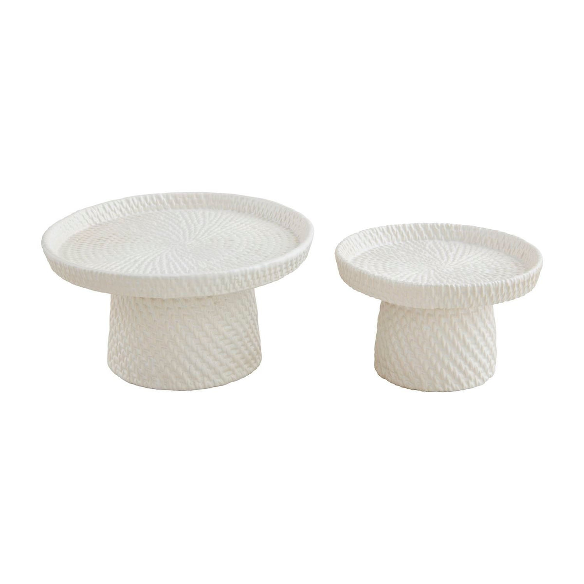 Woven stoneware pedestal server with basket weave texture in neutral tone.