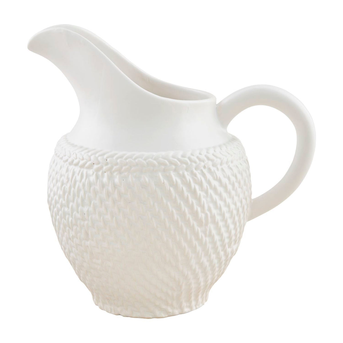 Stoneware pitcher with rope weave texture in natural earth tones