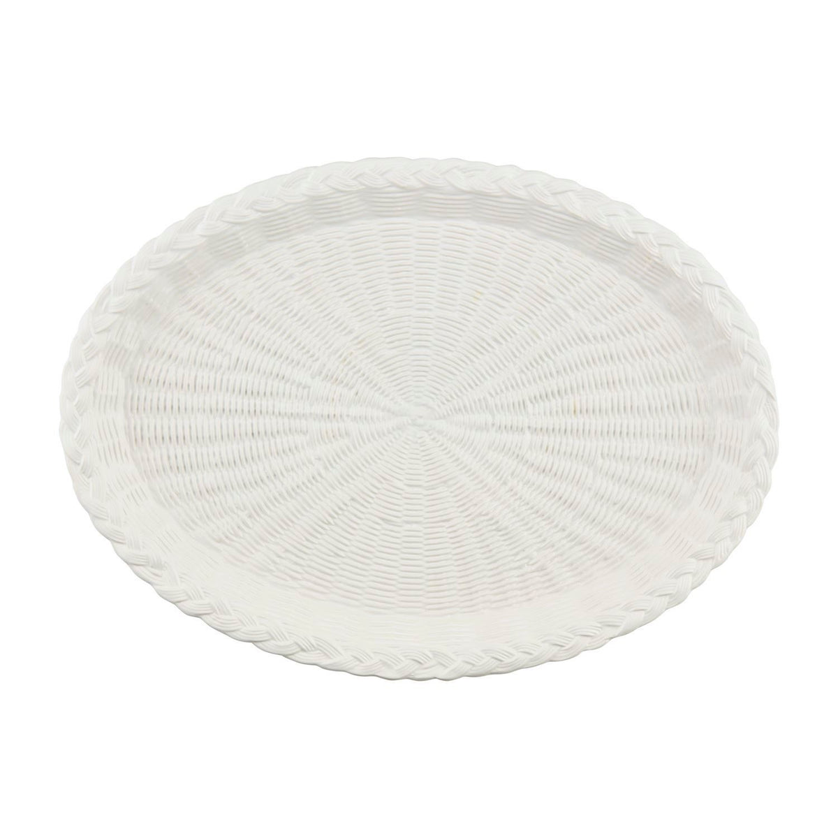 Woven stoneware platter featuring basket weave texture in earthy brown tones.