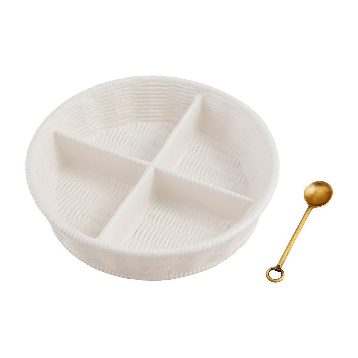 Two-piece stoneware tidbit server set with woven basket texture in neutral tones and brass spoon.