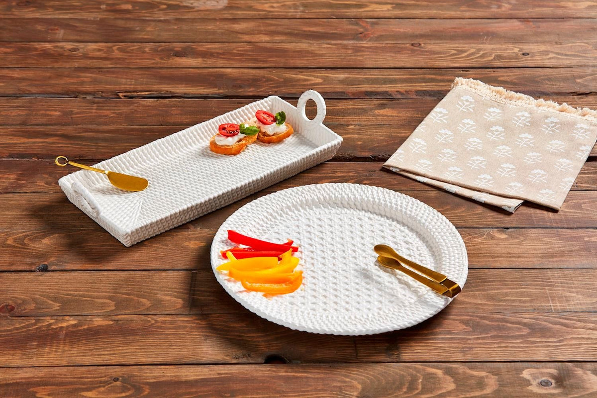 Woven stoneware tray with basket weave texture in neutral tones.