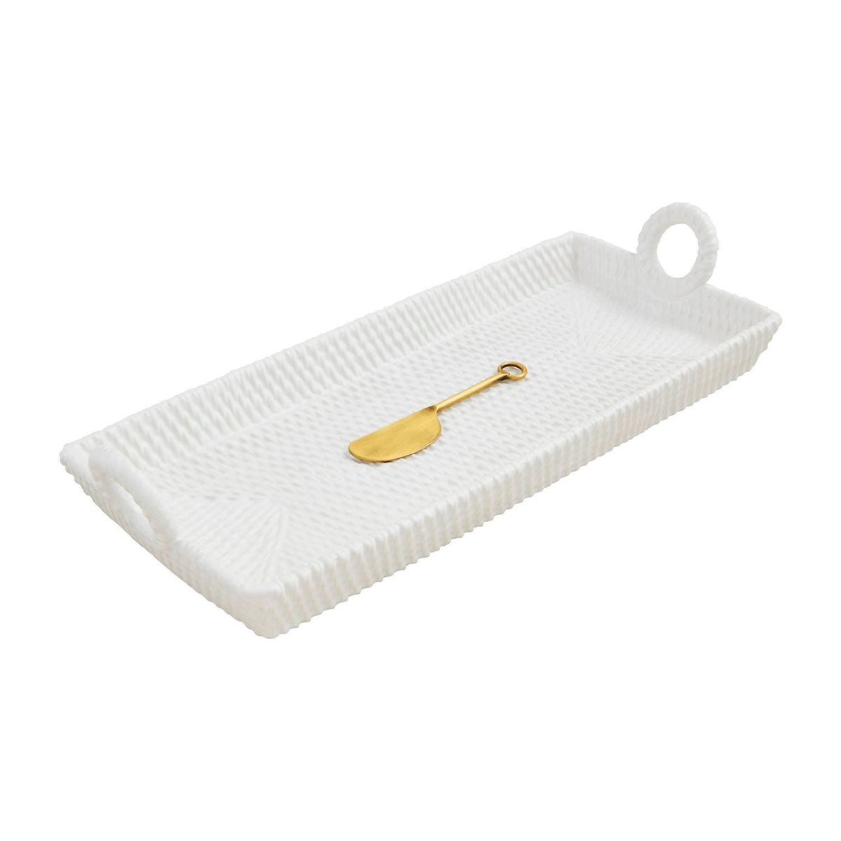 Woven stoneware tray set with basket weave texture and brass-finished metal spreader