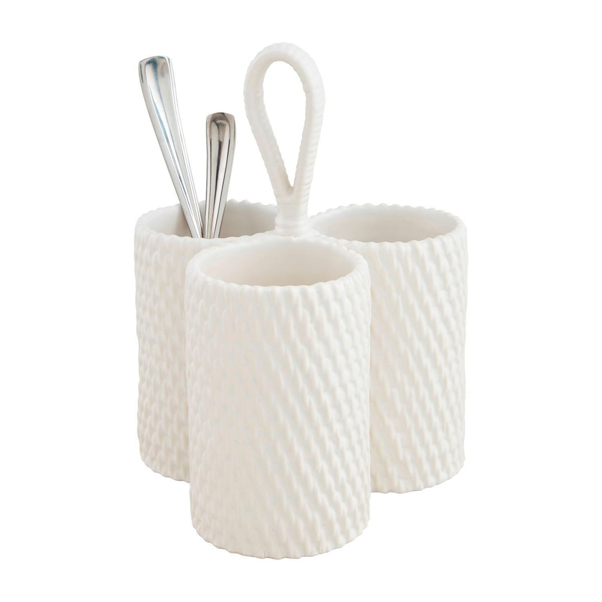 Three-section stoneware utensil holder with basket weave texture and center handle