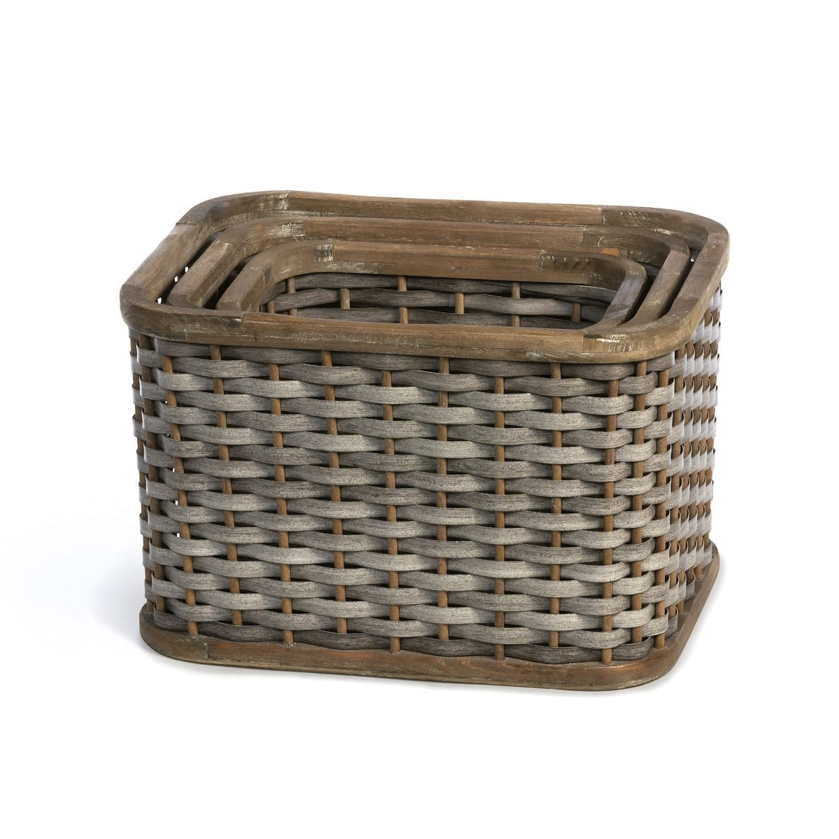Nesting woven storage basket made of fir, plywood, PE, and bamboo in natural tones.