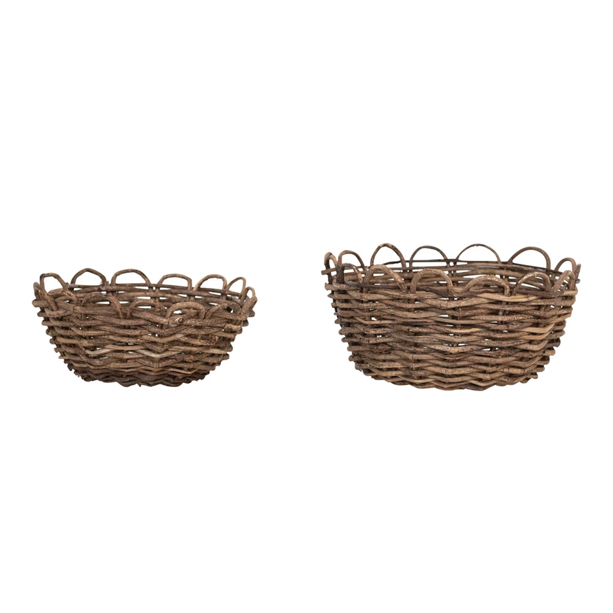 Round woven vine basket with scalloped edge in natural brown tones
