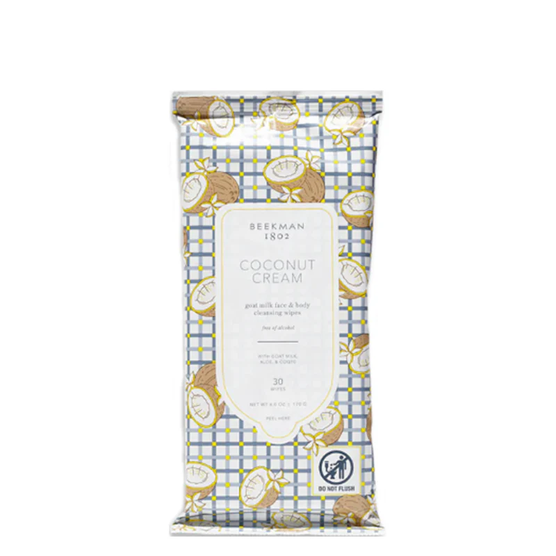 Pack of facial cleansing wipes featuring goat milk, cucumber, aloe, and CoQ10 in a resealable pouch.