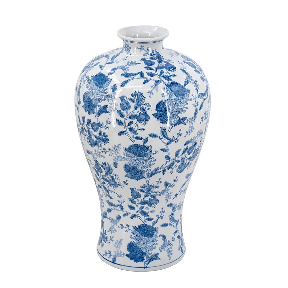 Round tapered white porcelain vase with blue floral motifs and a flared opening.