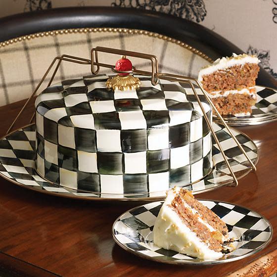 Courtly Check Enamel Cake Carrier with hand-painted black and white checks and bronzed handle.