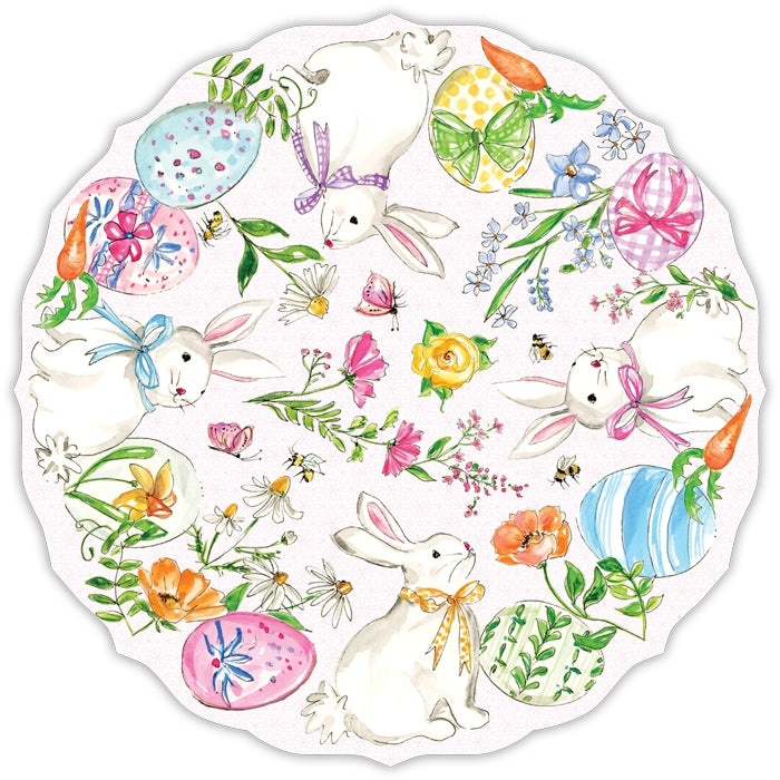 Posh die-cut paper placemat in white with a scalloped silhouette framing dinnerware.