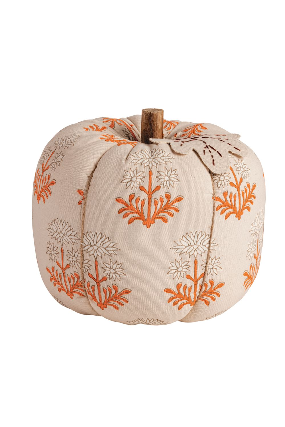 Stuffed canvas pumpkin with orange floral block print, mango wood stem, and embroidered leaf.