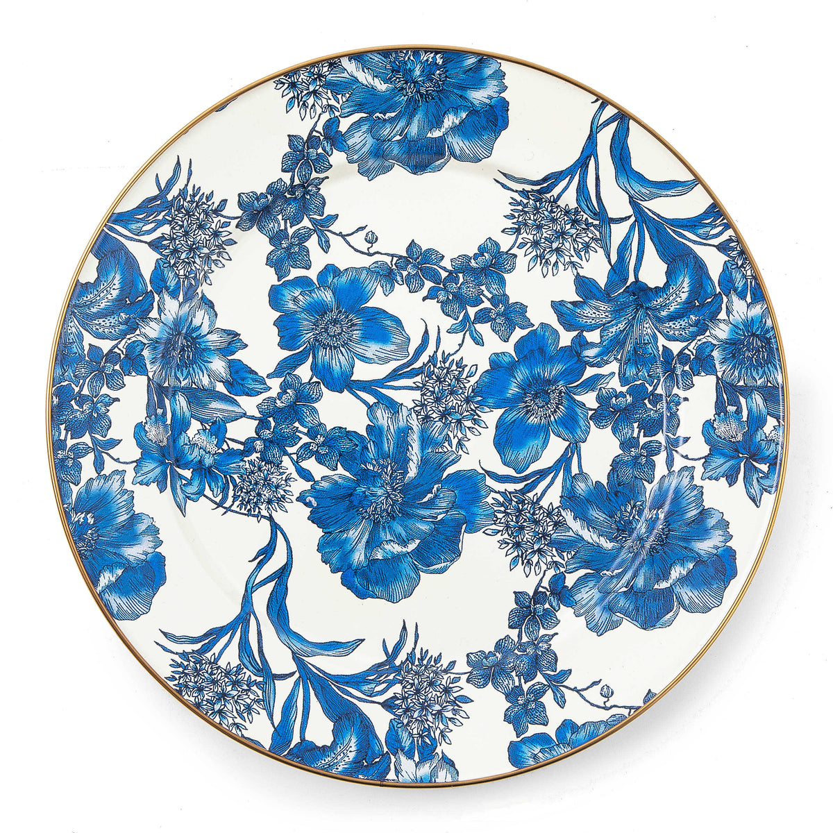 English Garden floral enamel charger with bronzed stainless steel rim on heavy-gauge steel base