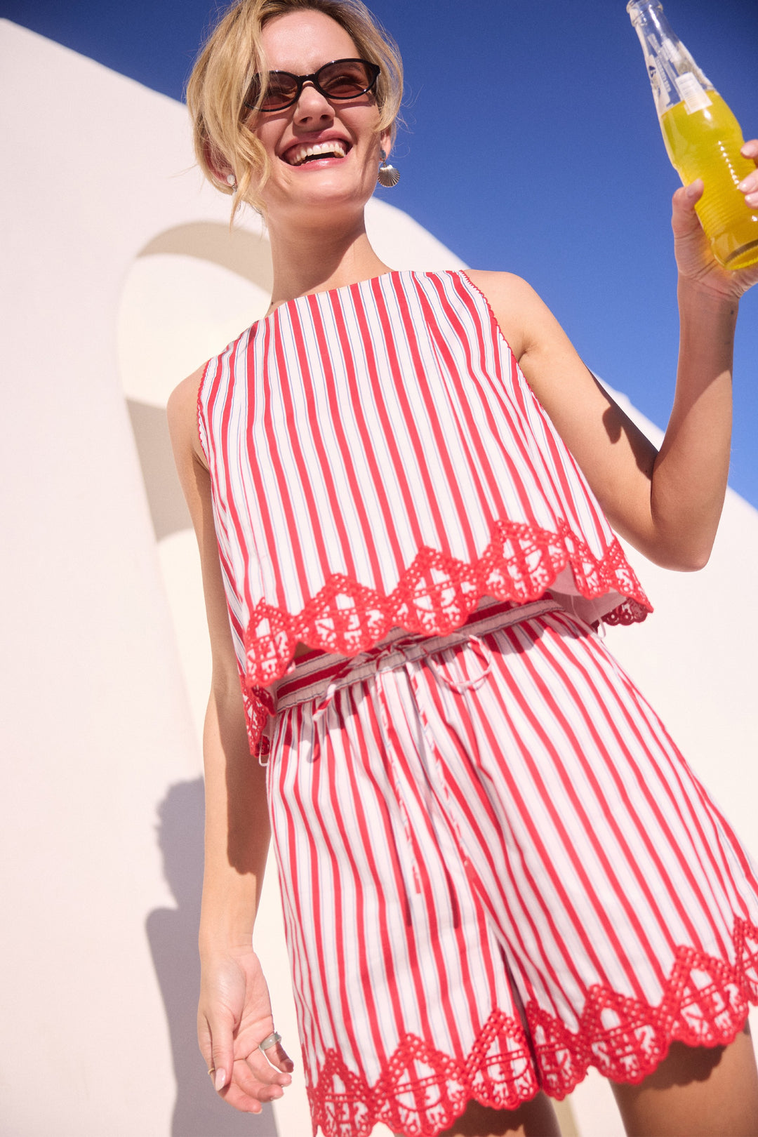Carla Sleeveless Striped Top With Embroidery Hem