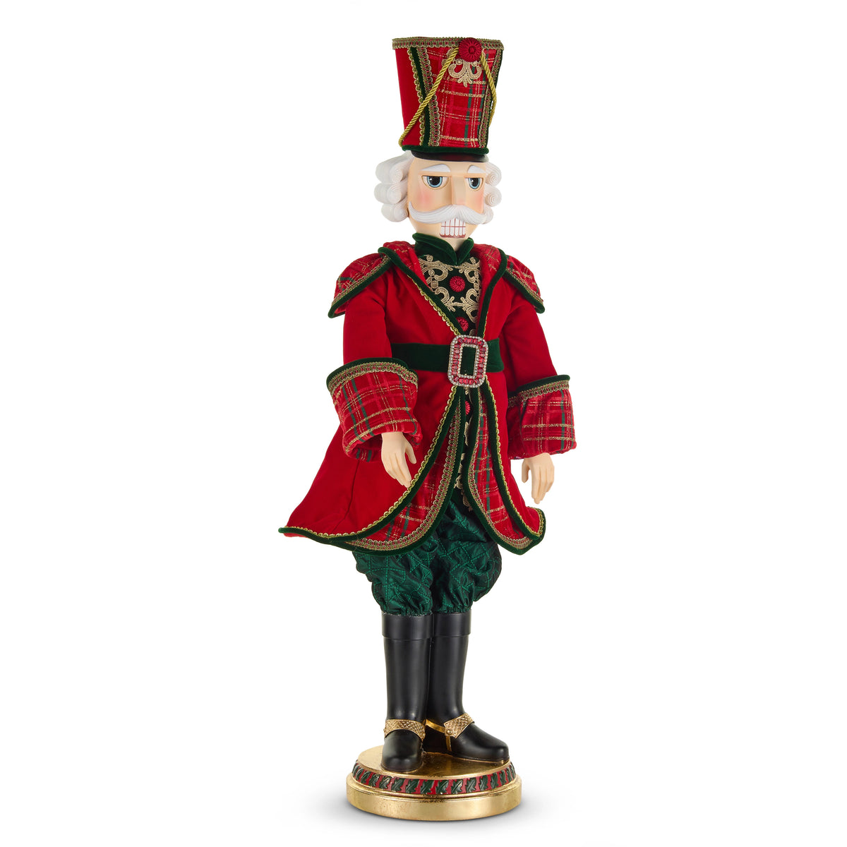 37.5-inch nutcracker figure wearing a red plaid coat, green pants, and a tall hat on a gold base.