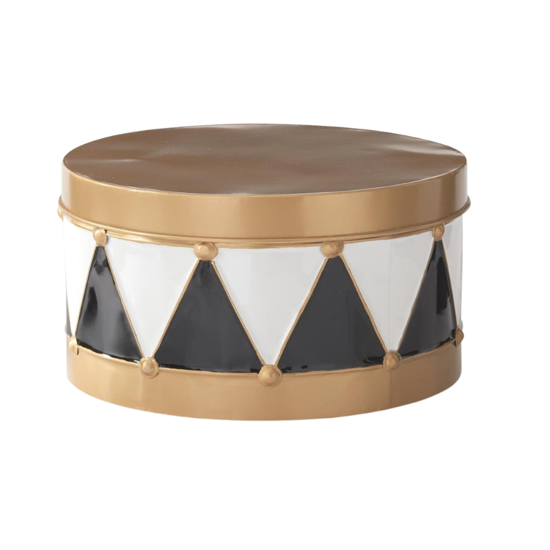Black and white harlequin pattern metal drum container with gold trim and lid.