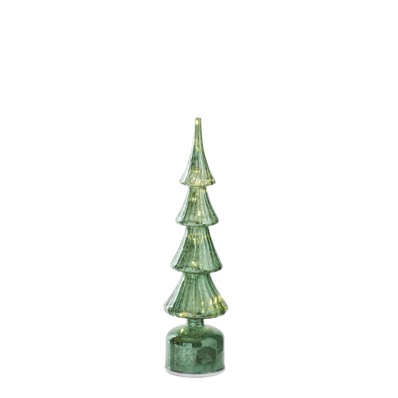 Tall ribbed green mercury glass LED Christmas tree on a rotating base.