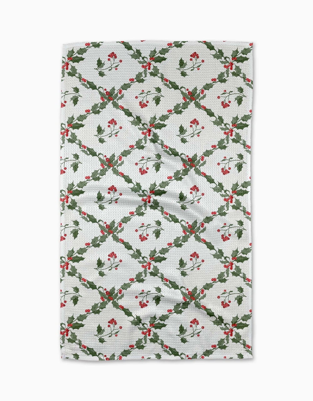 Recycled polyester waffle weave kitchen tea towel with single-sided holiday print