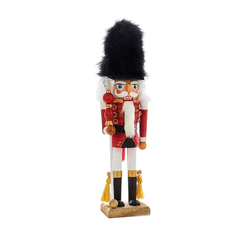 18-inch Hollywood soldier nutcracker in a red glitter jacket, black fur hat, and white pants.