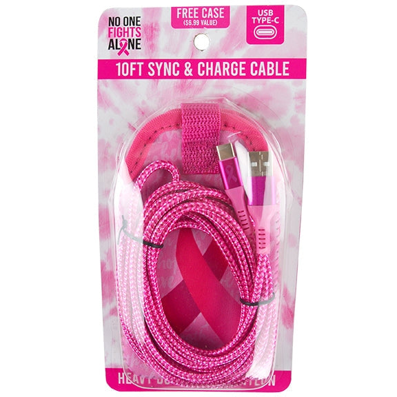 Pink 10ft braided USB to USB-C sync and charge cable in packaging with a matching carrying case.
