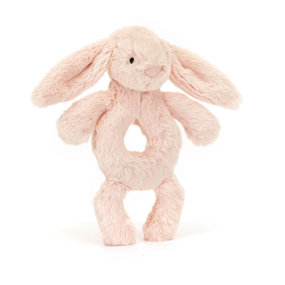 Bashful Blush Bunny Ring Rattle made of soft pink plush with long ears and an embroidered face.