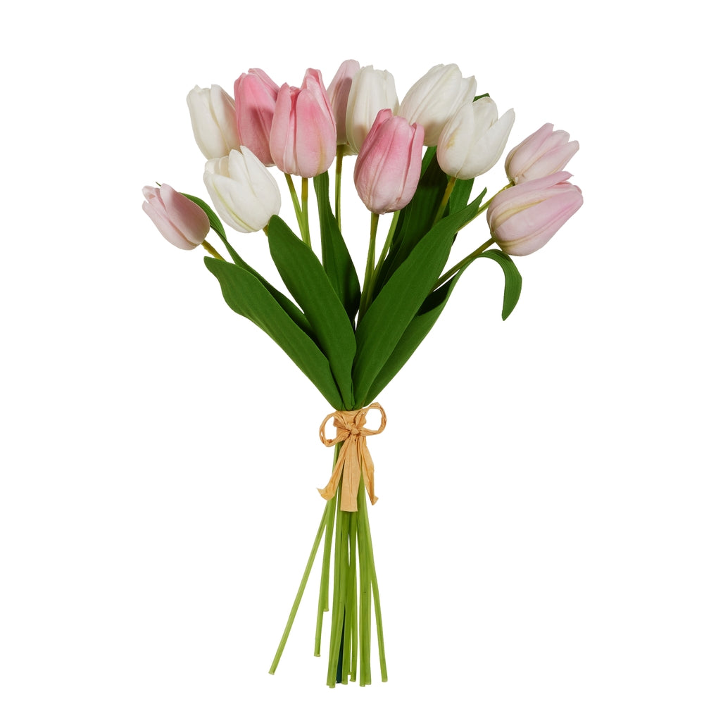Bundle of fifteen light pink artificial tulips with realistic petals in a simple arrangement.