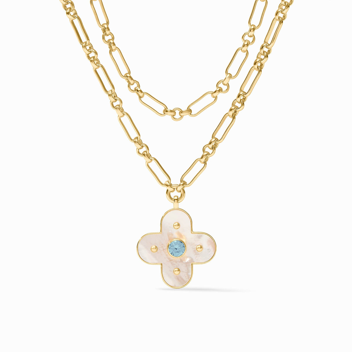 Adjustable Colette statement necklace with polished gold plate finish, cubic zirconia stones, and mother-of-pearl pendant.