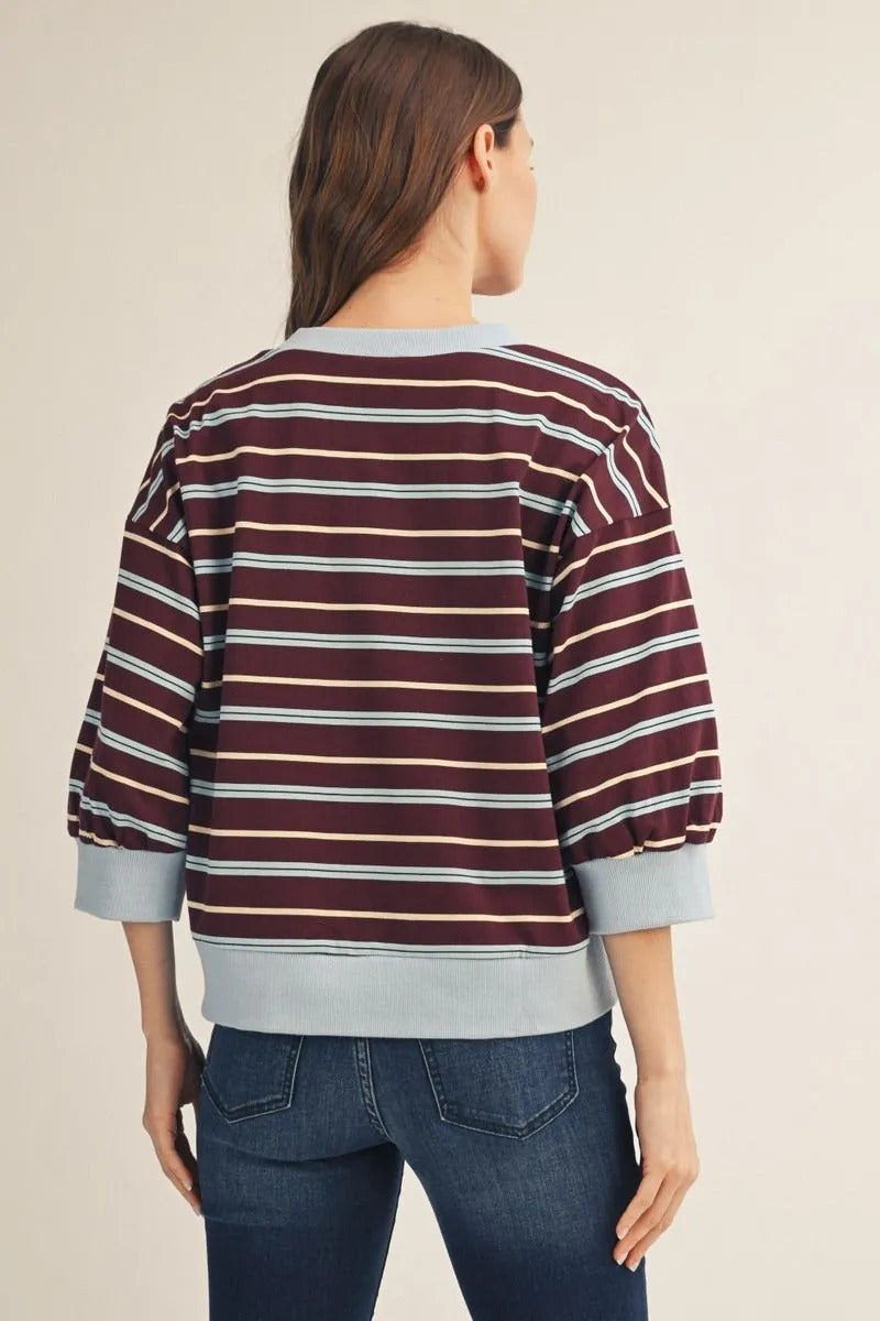 Back view of a woman wearing the Ava 3/4 sleeve casual top with burgundy and blue stripes.