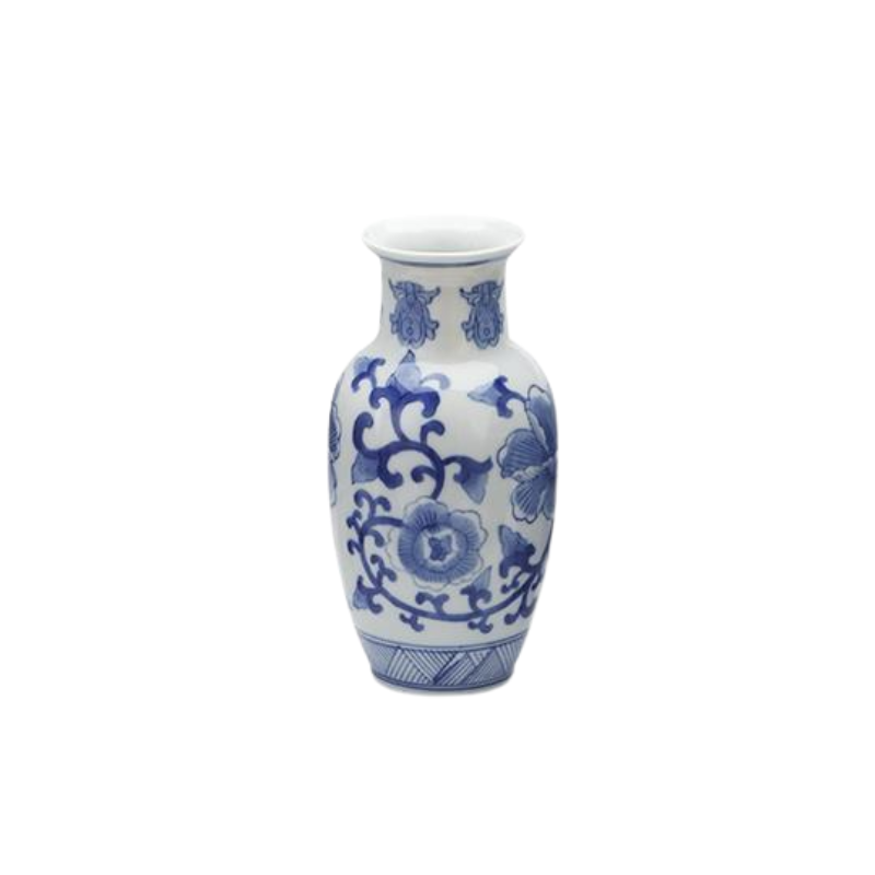 Canton blue and white ceramic vase with traditional floral patterns and a flared rim.