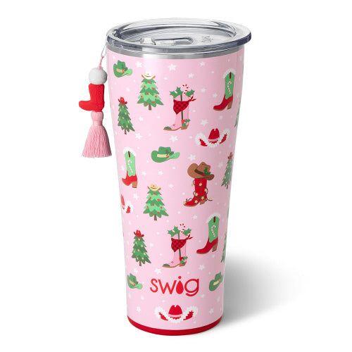 Pink 32oz stainless steel tumbler with a holiday western pattern and a matching boot charm.