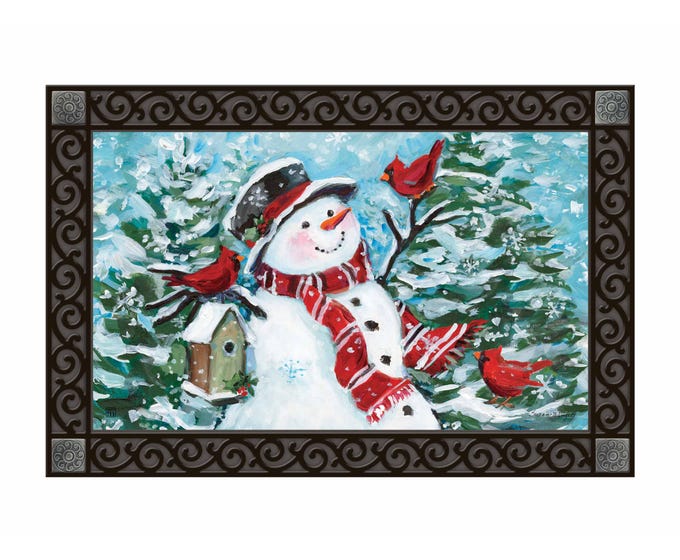 Snowman with Cardinals Matmate featuring a white snowman silhouette surrounded by red cardinals on recycled rubber.