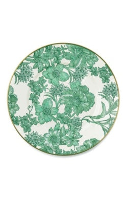 Emerald English Garden Dinner Plate with green floral pattern and gold rim on a white background.