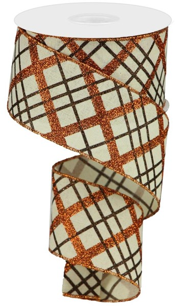 Cream polyester ribbon with diagonal plaid glitter in copper and brown.