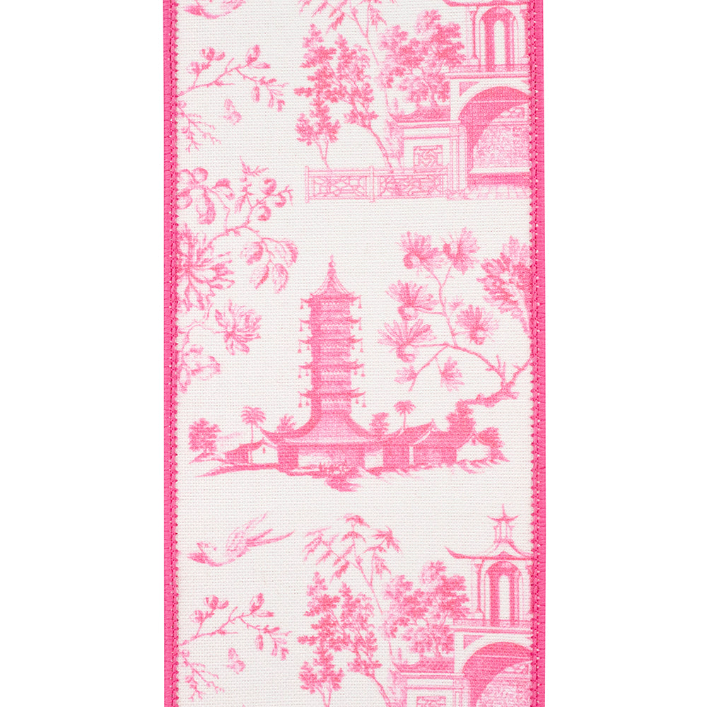 Pink wired-edge ribbon with Asian Vista chinoiserie floral print