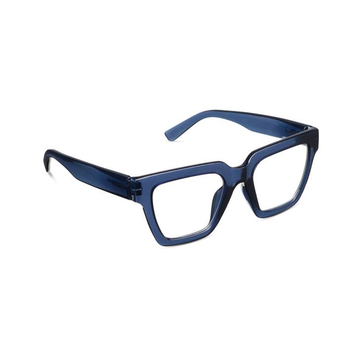 Take A Bow blue light glasses with thick, translucent blue square frames and clear lenses.