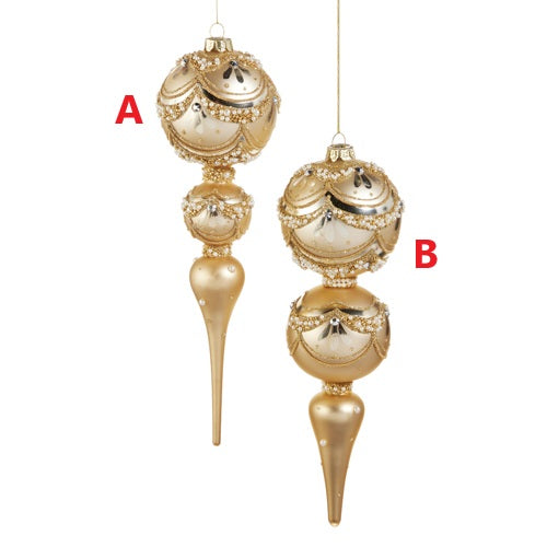 Two 11-inch gold glass finial ornaments with pearl trim and beaded details.