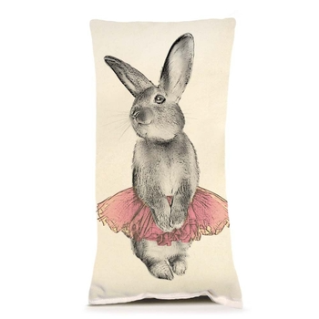 Pink bunny-shaped small pillow with a tutu skirt detail.