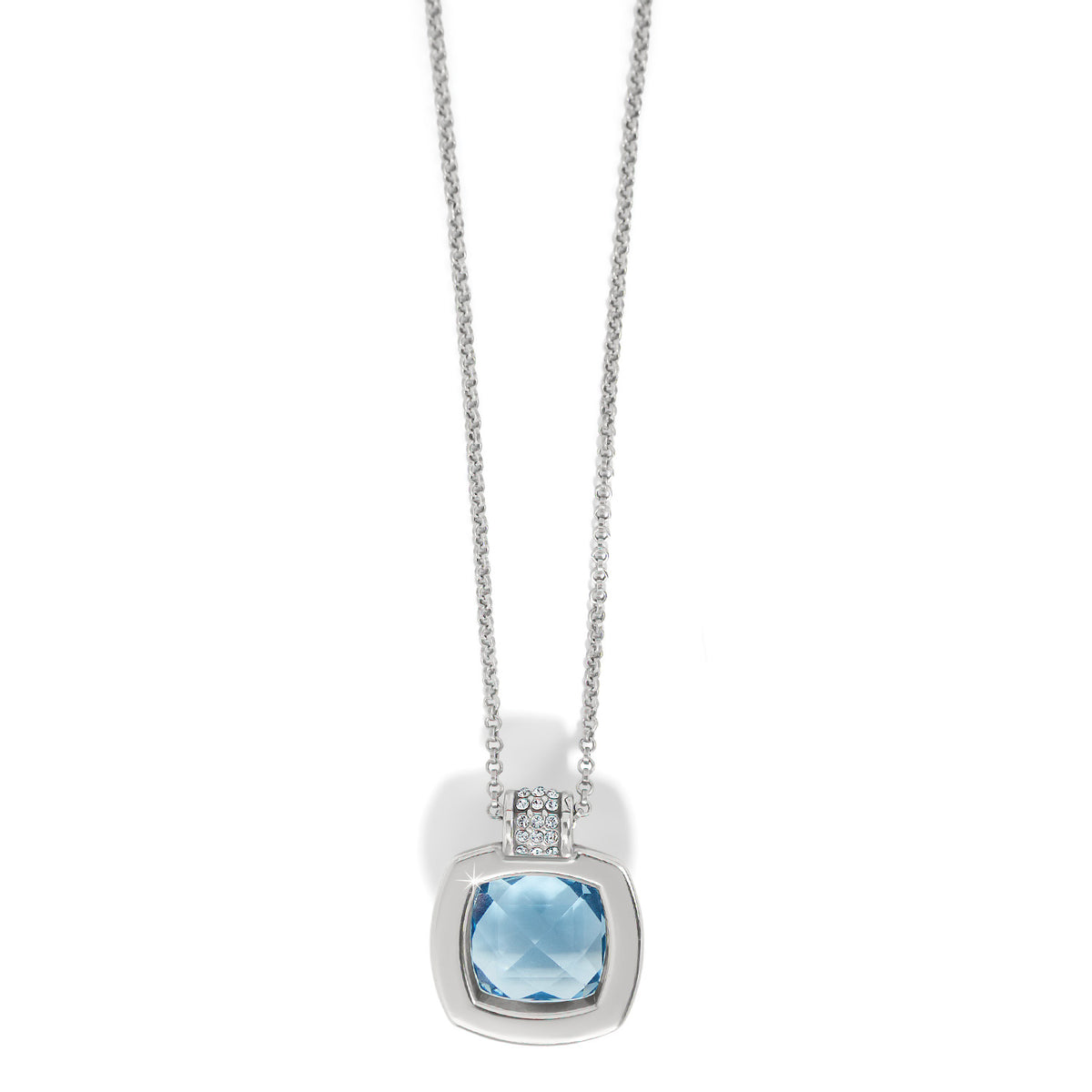 Silver plated adjustable necklace with a hand-set crystal pendant featuring an Aurora Borealis pattern.