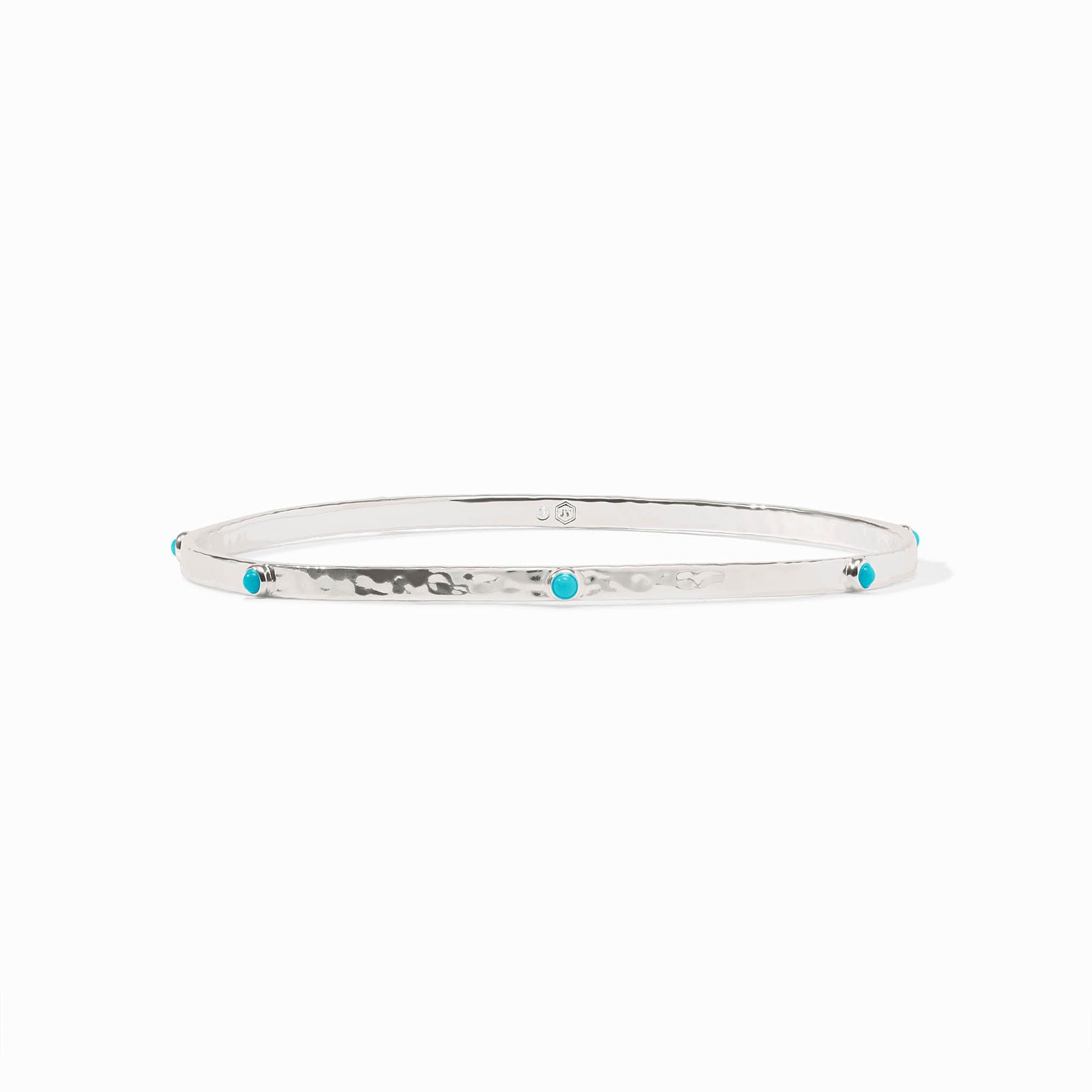 Hammered silver Crescent Stone Bangle featuring small, round turquoise stones set along the band.