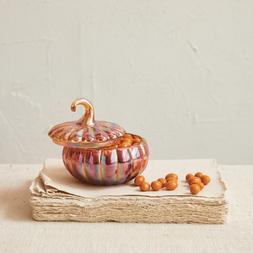Recycled Glass Pumpkin Shaped Jar with Lid, Iridescent Orange